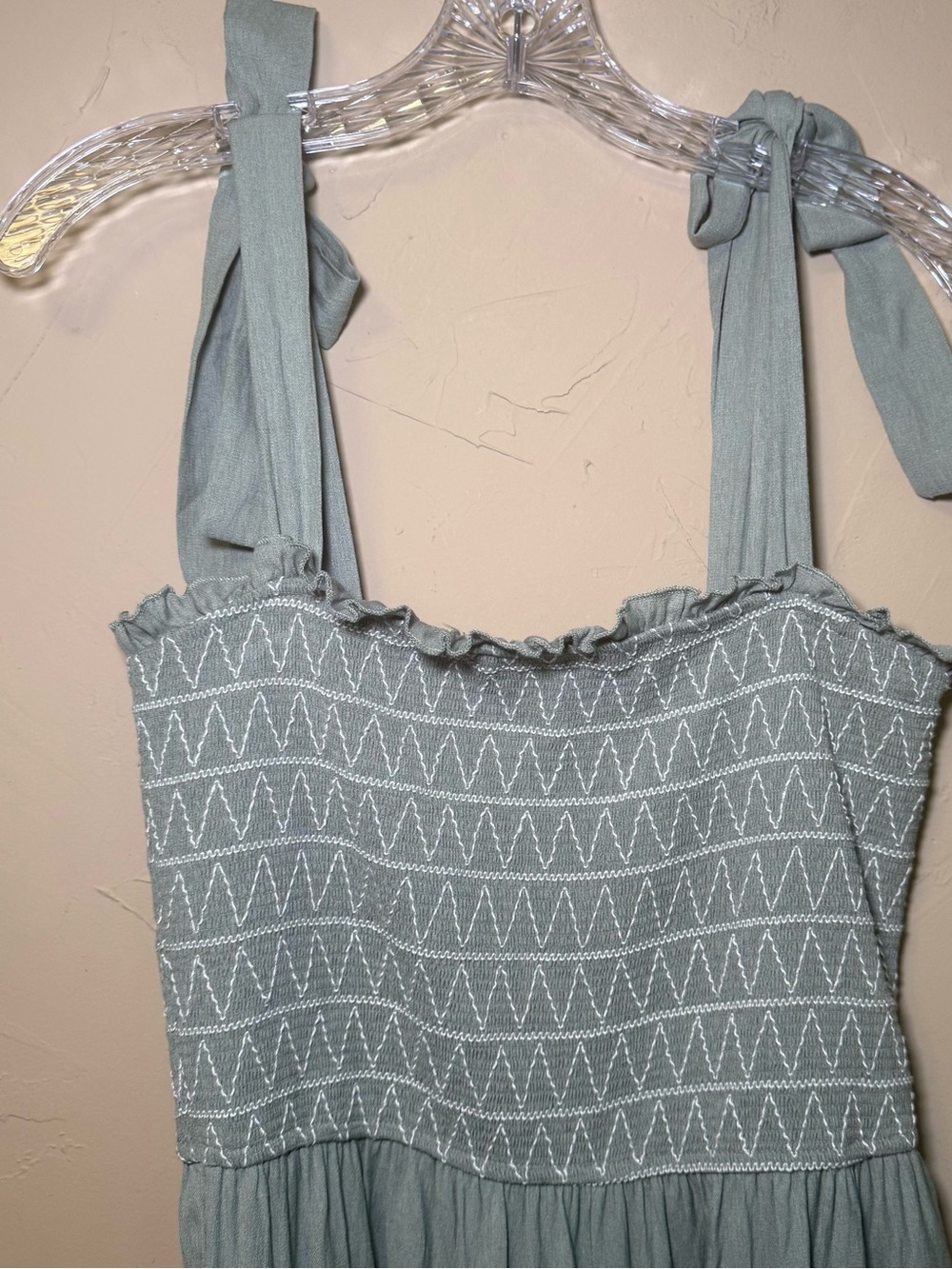Audrey Parks x Francesca Smocked Jumpsuit M Boho Cottagecore Wide Leg Sage/Mint - Picture 4 of 15